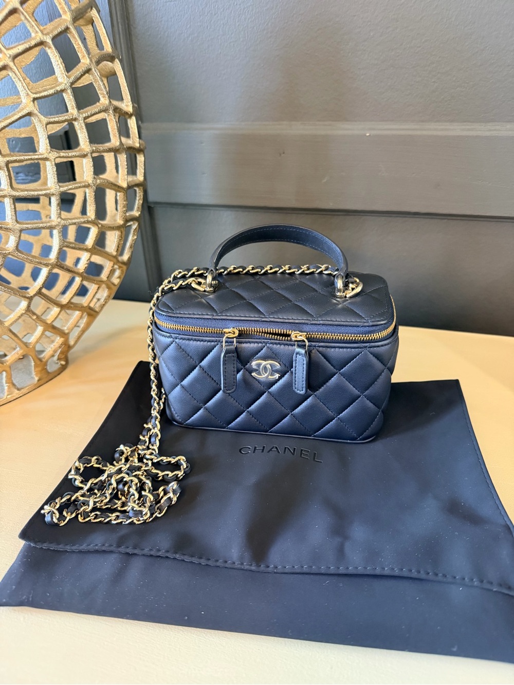 CHANEL Vanity Case With Chain Navy Blue Lambskin | Microchipped 🔥